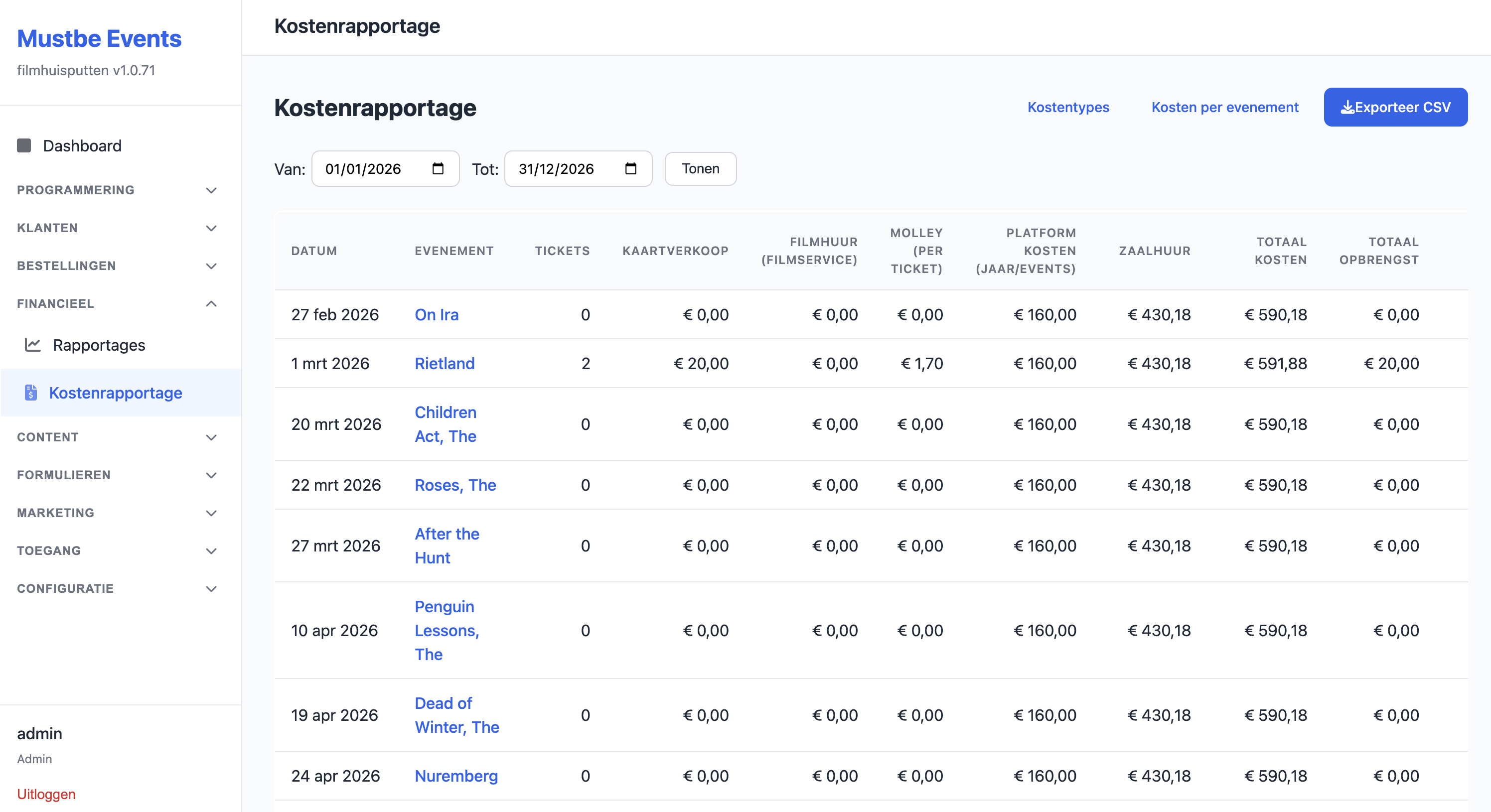 Slim Kostenrapportage per Evenement